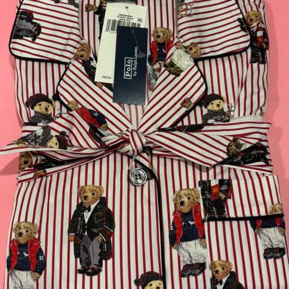 $198 Women's Ralph Lauren Polo Bear Cotton Sateen Red Pajamas 2-pc Gift Bag Set